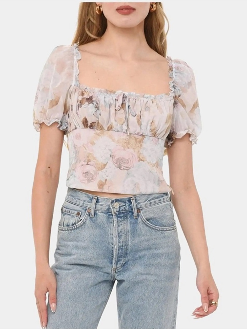 Wayf Floral Puff-Sleeve Square Neck Crop Top - Pink/Cream